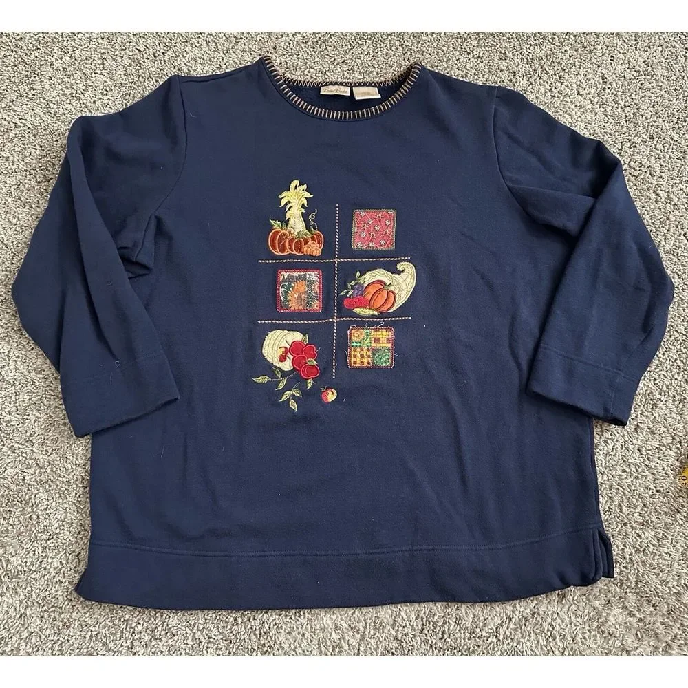 Vintage Bobbie Brooks Embroidered‎ Autumn  Sweater Size 14W 16W Blue Fall